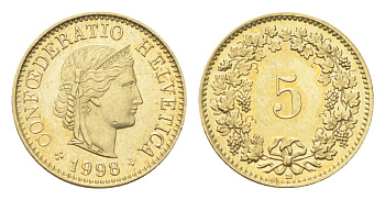 Швейцария 5 раппенов 1998 B KM 26c алюминиевая бронза 4708-129