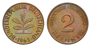 ФРГ 2 пфеннига 1963 J KM 106, J. 381 бронза 4564-533