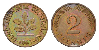 ФРГ 2 пфеннига 1963 J KM 106, J. 381 бронза 4564-533