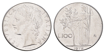 Италия 100 лир 1979 R, Афина в доспехах KM 96.1 нержавеющая сталь 4638-546