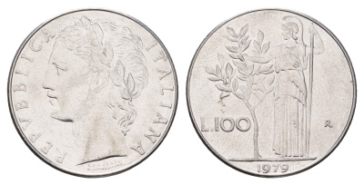 Италия 100 лир 1979 R, Афина в доспехах KM 96.1 нержавеющая сталь 4638-546