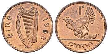 Ирландия 1 пенни 1968 курица с цыплятами KM 11 бронза 4521-314
