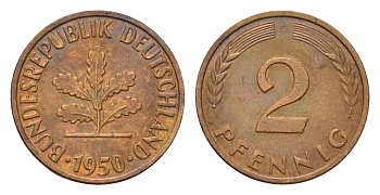 ФРГ 2 пфеннига 1950 D KM 106, J. 381 бронза 4596-325