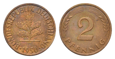 ФРГ 2 пфеннига 1950 D KM 106, J. 381 бронза 4596-325