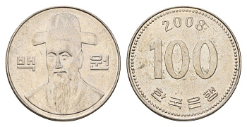 Южная Корея 100 вон 2008 Ли-Сунсин, корейский флотоводец KM 35 медно-никель 4638-1152