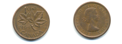 Канада 1 цент 1964 Елизавета II (1952-2022), кленовый лист KM 49 бронза 177-1328