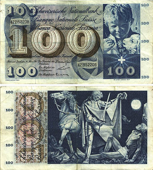Швейцария 100 франков 1963 28 марта 1963, серия 42 B, подпись 40 Pick 49 e бумага 8606-19-2-2