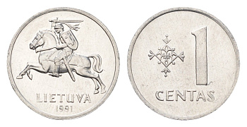 Литва 1 цент (сент) 1991 год-тип KM 85 алюминий UNC 4689-1021