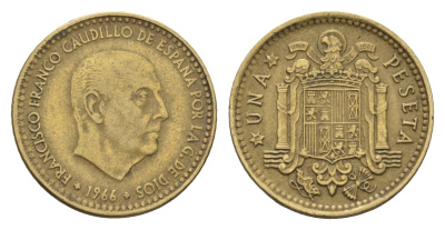 Испания 1 песета 1966 (68) Франсиско Франко (1939 - 1975) KM 796 алюминиевая бронза 4684-1257