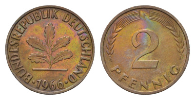 ФРГ 2 пфеннига 1966 F KM 106, J. 381 бронза 4516-1119