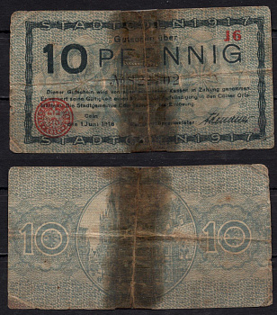 Германия 10 пфенингов 1918 нотгельд, Кельн бумага 7198-14-3-1