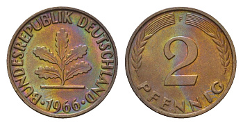 ФРГ 2 пфеннига 1966 F KM 106, J. 381 бронза 99-1042