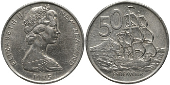 Новая Зеландия 50 центов 1975 Елизавета II (1952-2022), парусник Индевор KM 37 медно-никель 00-00