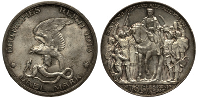 Пруссия 3 марки 1913 Вильгельм II (1888-1918), 100 лет победы над Наполеоном KM 534, J. 110 серебро 3711-1211
