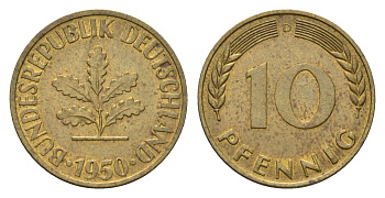 ФРГ 10 пфеннигов 1950 D KM 108, J. 383 сталь плакированная латунью 4684-244