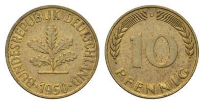 ФРГ 10 пфеннигов 1950 D KM 108, J. 383 сталь плакированная латунью 4684-244