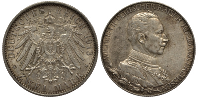Пруссия 2 марки 1913 A, Вильгельм II (1888-1918), 25 лет правления (мундир) Weege 111, J. 111, KM 533 серебро 3711-843