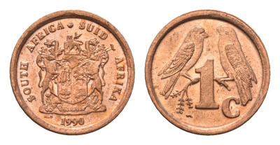 ЮАР 1 цент 1990 герб, капские воробьи KM 132 сталь плакированная медью UNC 4690-1254