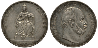 Пруссия 1 талер 1871 A, Вильгельм I (1861-1888), победа над Францией КМ 500, AKS 118, Th. 272 серебро 3711-311