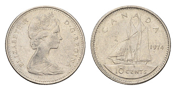 Канада 10 центов 1974 Елизавета II (1952-2022), парусник KM 77 никель 4689-542