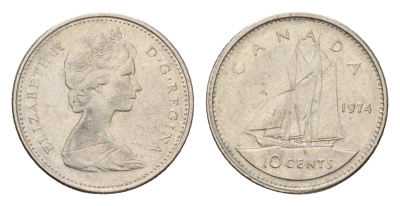 Канада 10 центов 1974 Елизавета II (1952-2022), парусник KM 77 никель 4689-542