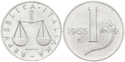 Италия 1 лира 1955 R, весы KM 91 алюминий  UNC  4594-715