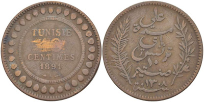 Тунис 10 сантимов 1891 АН 1308, Али III ибн аль-Хусейн KM 222 бронза 4526-211