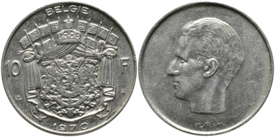 БЕЛЬГИЯ 10 ФРАНКОВ 1970 BELGIE, БОДУЭН I (1951-1993) KM 156.1 никель 97-836