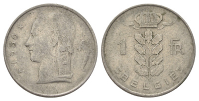 Бельгия 1 франк 1950 Belgie KM 143 медно-никель 4684-769