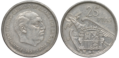 ИСПАНИЯ 25 ПЕСЕТ 1957 (70) ФРАНСИСКО ФРАНКО ДИКТАТОР ИСПАНИИ (1939-1975) KM 787 медно-никель 45-1016