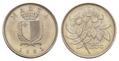 Мальта 25 центов 1991 шиповник вечнозелёный KM 97 медно-никель UNC 4688-956