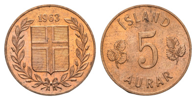Исландия 5 эйре 1963 KM 9 бронза UNC 4691-334