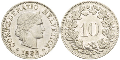 ШВЕЙЦАРИЯ 10 РАППЕНОВ 1936 В KM 27 медно-никель 216-1226