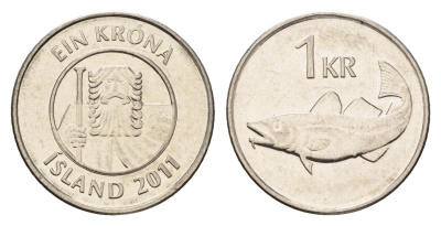 Исландия 1 крона 2011 треска KM 27a сталь плакированная никелем UNC 4691-623