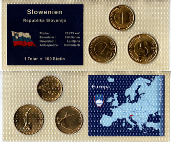 Словения набор из 3 монет (1, 2 и 5 толаров) 2000 и 2004 в красочной упаковке с информацией о стране KM 4, 5 и 6 латунь UNC 2-6-3-139