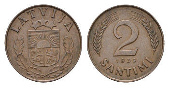 Латвия 2 сантима 1939 KM 11.2 бронза 4689-937