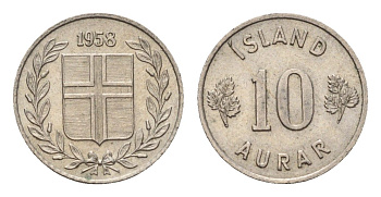 Исландия 10 эйре 1958 KM 10 медно-никель aUNC 4690-658