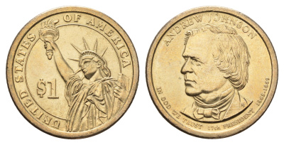 США 1 доллар 2011 P, Президент США - Эндрю Джонсон (1865-1869) KM 499 медь с марганцево-латунным покрытием UNC 4698-1123