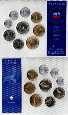 Словения набор из 9 монет (10, 20 и 50 стотинов; 1, 2 , 5, 10, 20 и 50 толаров) 1992, 1993, 2000, 2001, 2002, 2003 в красочной упаковке с информацией о стране KM 3, 4, 5, 6, 7, 8, 41, 51 и 52 UNC 2-6-3-103