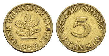 ФРГ 5 пфеннигов 1949 F KM 102, J. 377 сталь плакированная латунью 4685-366