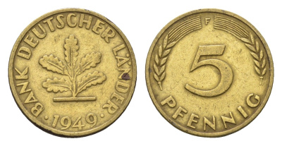 ФРГ 5 пфеннигов 1949 F KM 102, J. 377 сталь плакированная латунью 4685-366