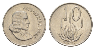 ЮАР 10 центов 1966 Ян ван Рибек (1619-1677), Suid Africa, легенда на африкаанс, цветок алоэ KM 68.2 никель 4621-817