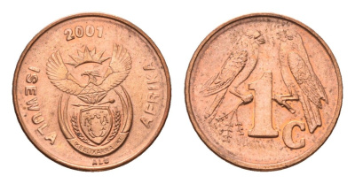 ЮАР 1 цент 2001 герб, капские воробьи KM 221 сталь плакированная медью UNC 4694-162