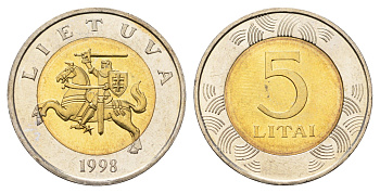 Литва 5 лит 1998 KM 113 биметалл UNC 08-1246