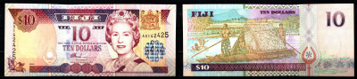 Фиджи 10 долларов ND (2002) Елизавета II (1952-2022), лодка с соломенным навесом Pick 106 бумага UNC (пресс) 8608-4-1-1
