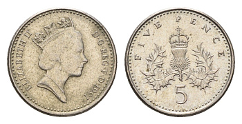 Великобритания 5 пенсов 1991 Елизавета II (1952-2022) KM 937b, Spink 4372 (D4) медно-никель 4684-1031