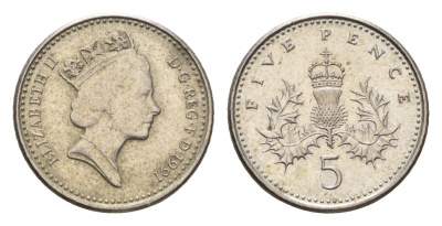 Великобритания 5 пенсов 1991 Елизавета II (1952-2022) KM 937b, Spink 4372 (D4) медно-никель 4684-1031