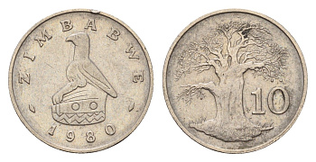 Зимбабве 10 центов 1980 птица-идол, баобаб KM 3 медно-никель 4682-625