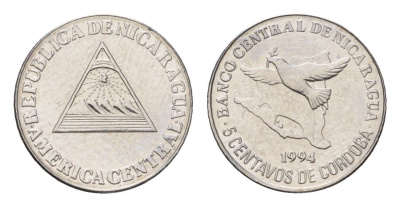 Никарагуа 5 сентаво 1994 голубь мира KM 80 хромированная сталь UNC 4685-559