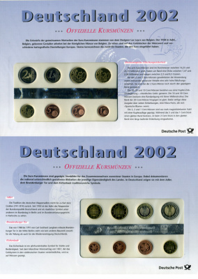 ГЕРМАНИЯ ЕВРОНАБОР ИЗ 8 МОНЕТ 2002 1, 2, 5, 10, 20, 50 ЕВРОЦЕНТОВ, 1, 2 ЕВРО, G, В ОРИГИНАЛЬНОМ БУКЛЕТЕ, ПЛЮС КОМПЛЕКТ МАРОК PROOF 06-081-26